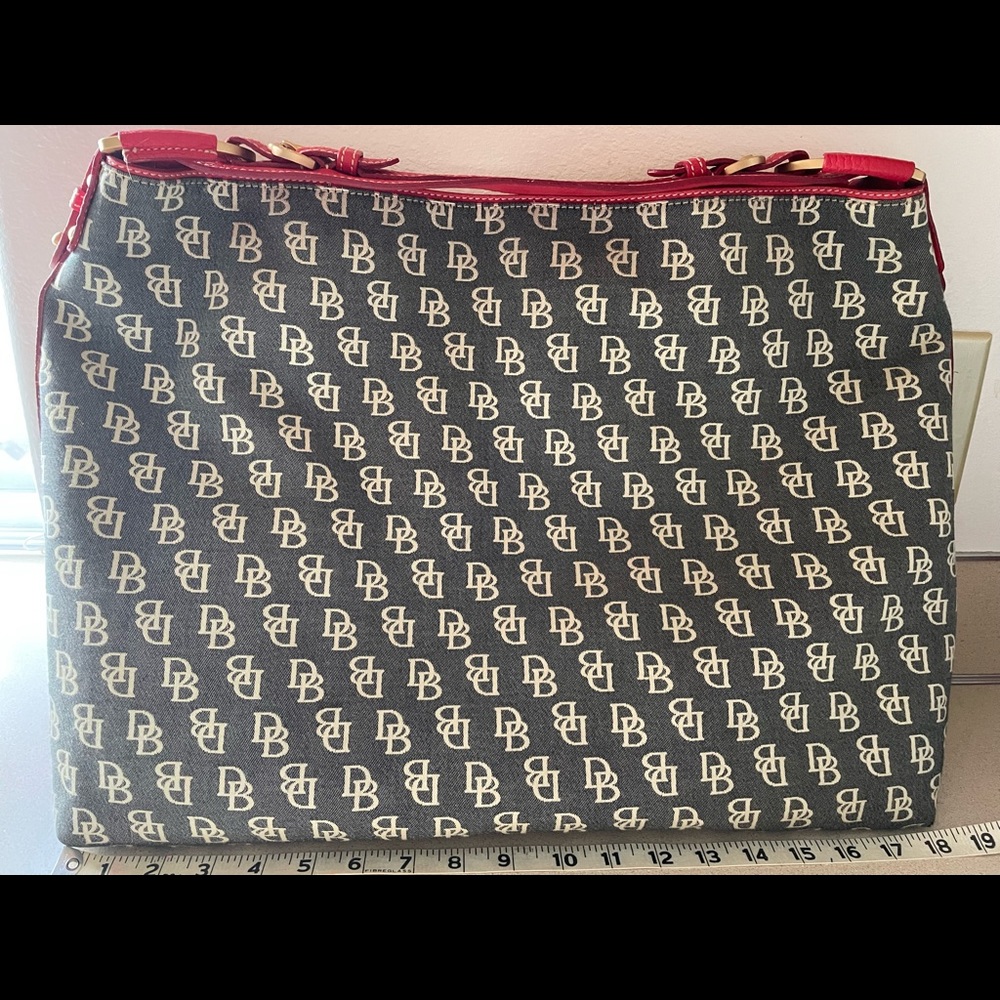 Dooney & Bourke extra large signature canvas bag with red leather trim